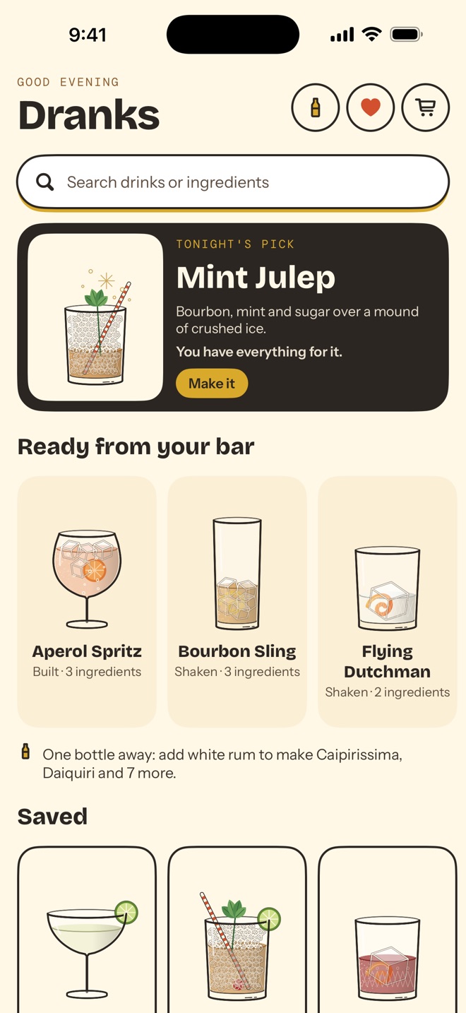 Home: tonight's pick and drinks ready from your bar