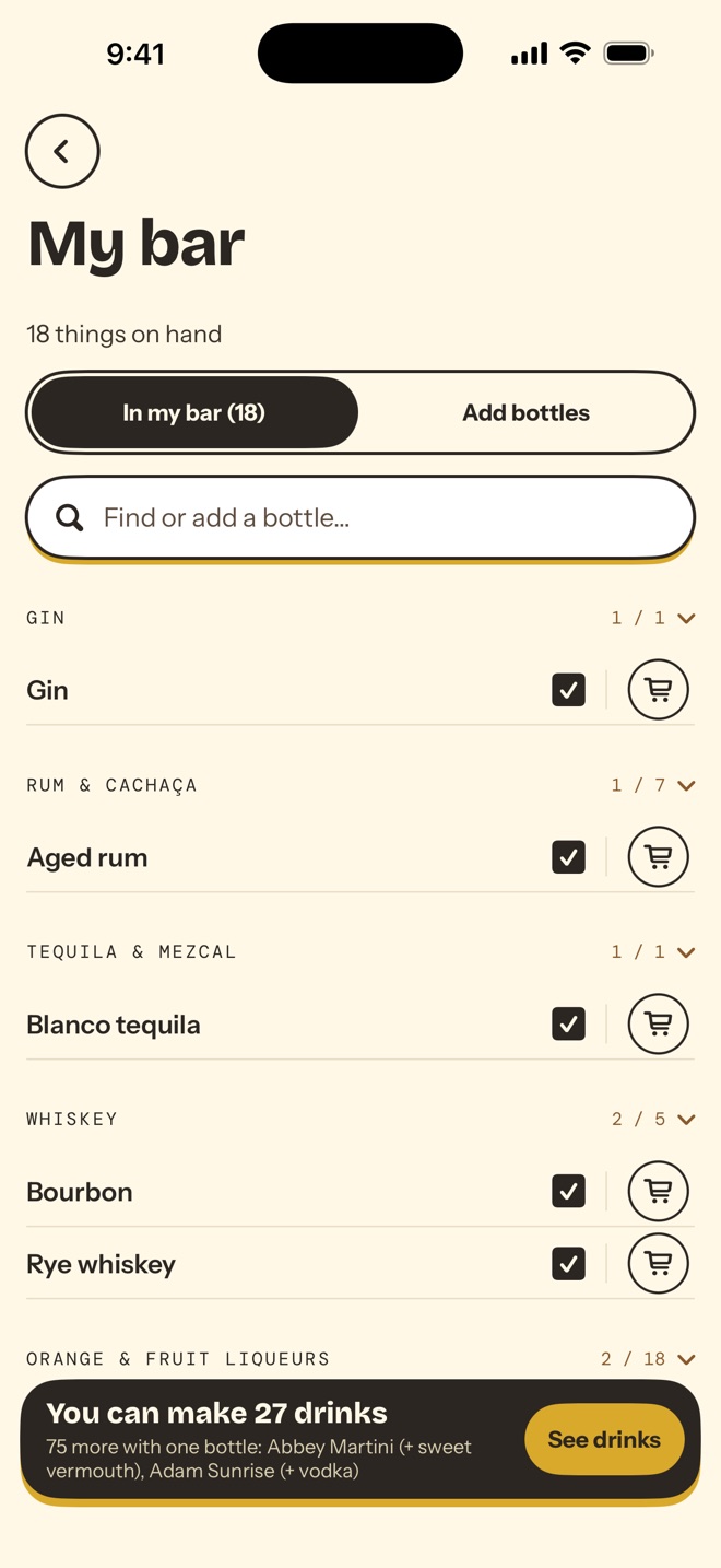 My bar: you can make 27 drinks